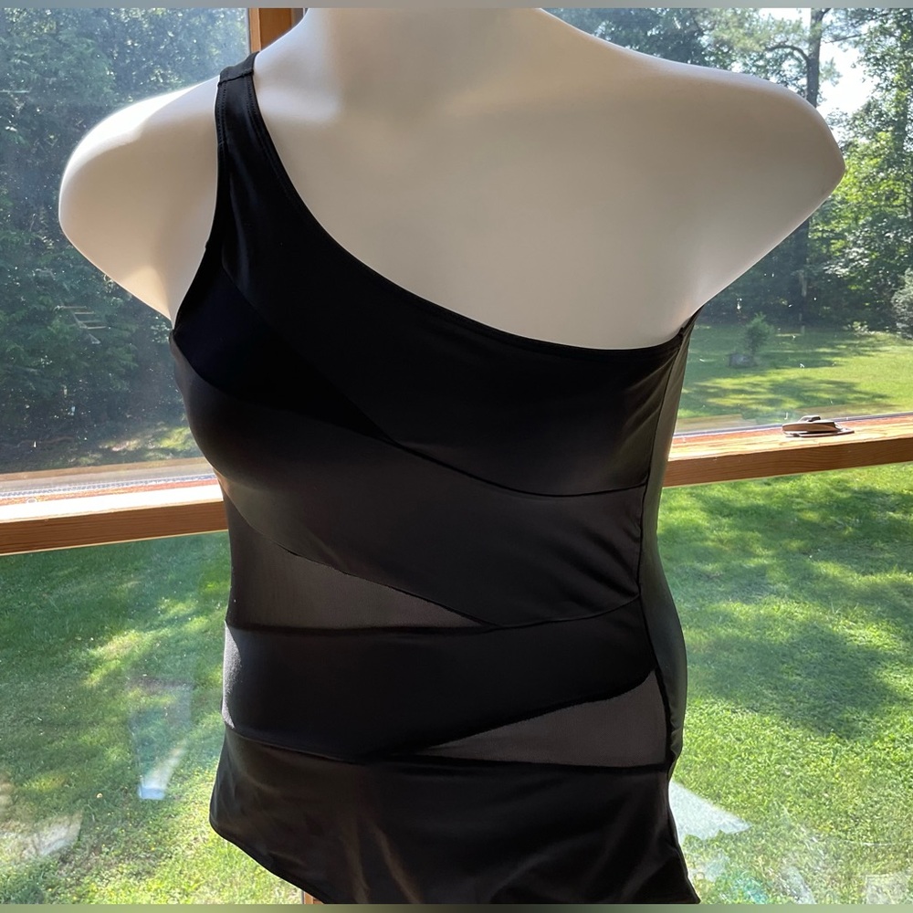 Black One Piece Bathing Suit Peek-a-Boo Mesh inserts One Crossbody Strap NWOT - Picture 4 of 11
